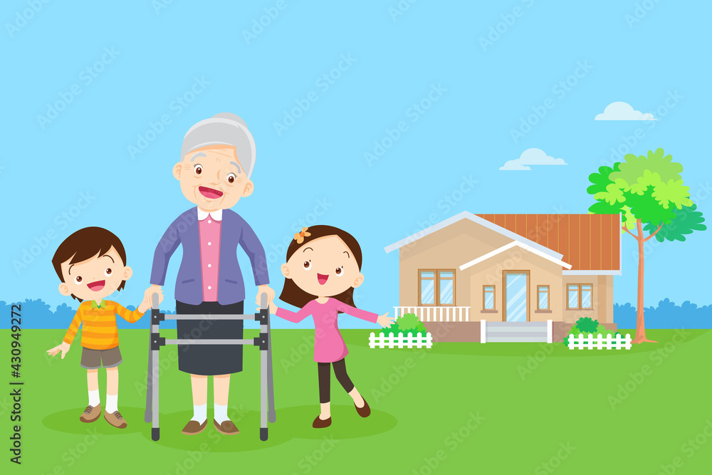 elderly woman with walker holding hands boy and girl