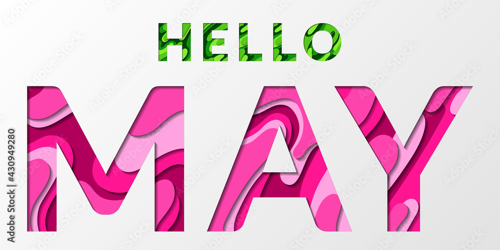 Hello May spring calligraphic text with paper cut origami effect ...