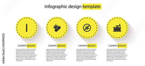 Set Marijuana joint, Medical pills with marijuana, Stop or cannabis leaf and Manual grinder. Business infographic template. Vector