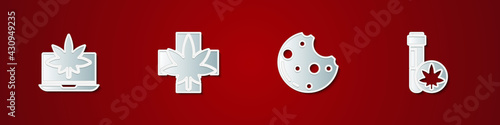 Set Laptop and marijuana or cannabis, Medical leaf, Cookies with and Chemical test tube icon. Vector