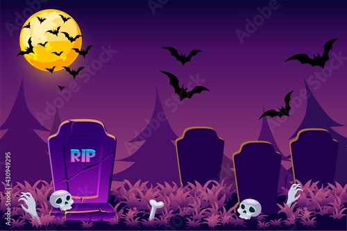 Night simple Halloween background, scary cemetery skull for game.