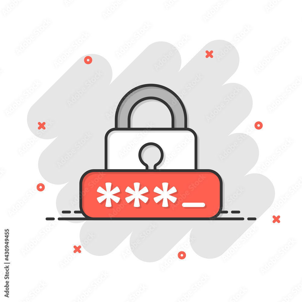 Login icon in comic style. Password access cartoon vector illustration on white isolated background. Padlock entry splash effect business concept. Login icon in comic style. Password access cartoon vector illustration on white isolated background. Padlock entry splash effect business concept.