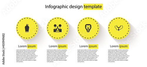 Set Canteen water bottle, Tourist tent, Bear head on shield and Slingshot. Business infographic template. Vector