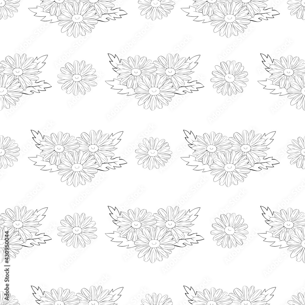 Seamless pattern flowers daisies graphics lines black and white vector illustration Seamless pattern flowers daisies graphics lines black and white vector illustration