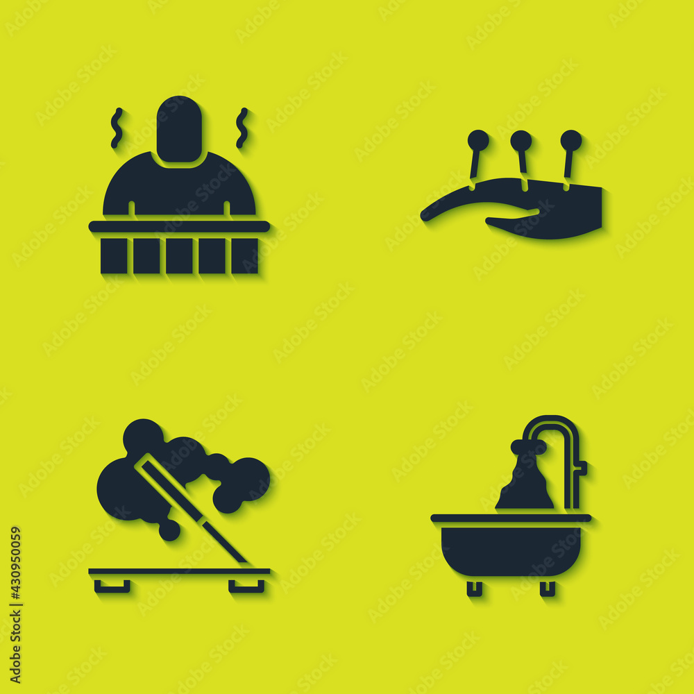 Set Sauna and spa procedures, Bathtub, Scented stick and Acupuncture therapy icon. Vector Set Sauna and spa procedures, Bathtub, Scented stick and Acupuncture therapy icon. Vector