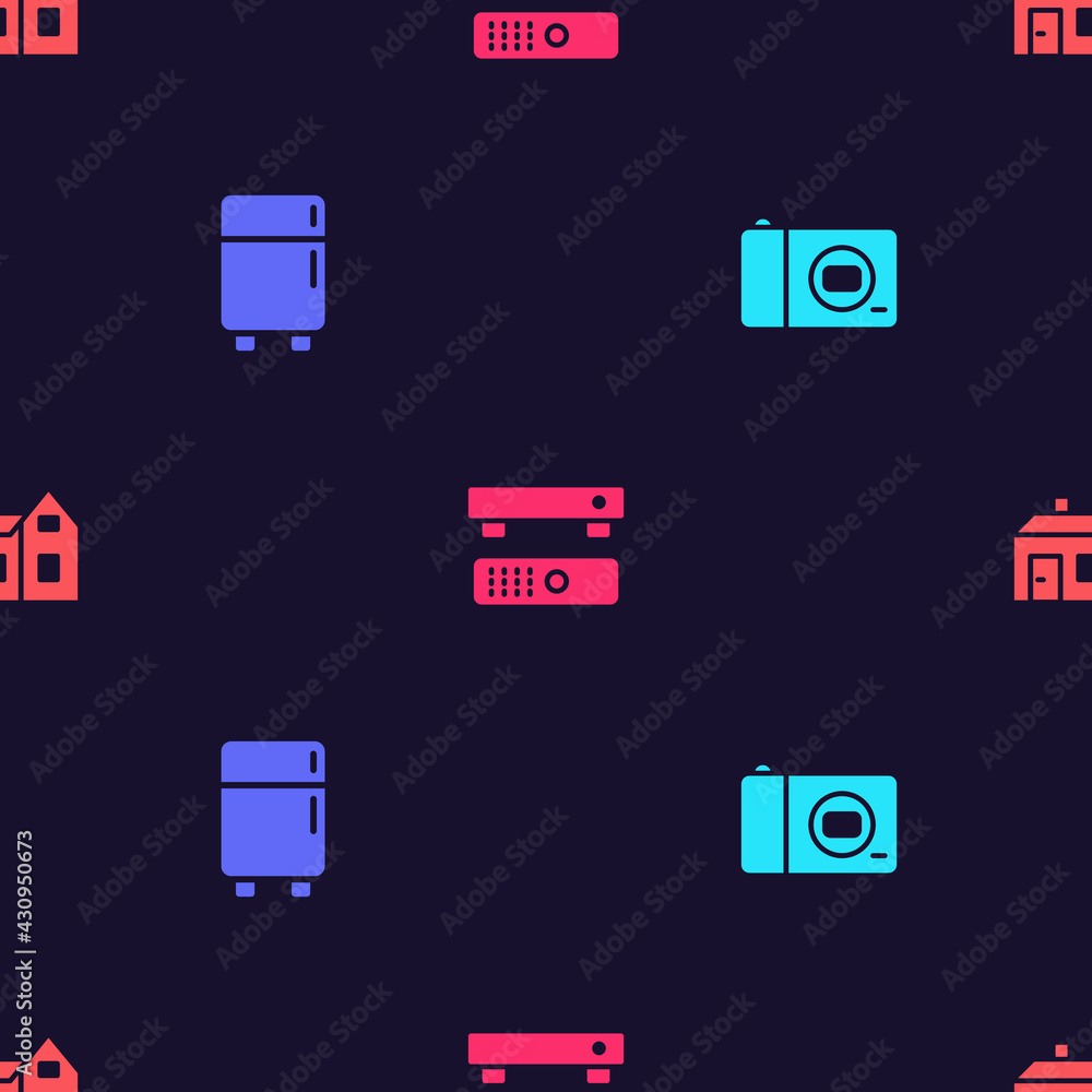 Set Photo camera, Refrigerator, Multimedia and TV box and House on seamless pattern. Vector Set Photo camera, Refrigerator, Multimedia and TV box and House on seamless pattern. Vector