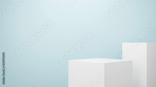 Abstract background for trade show presentation, white polygonal color plinth on blue wall with copy space , 3d rendering.