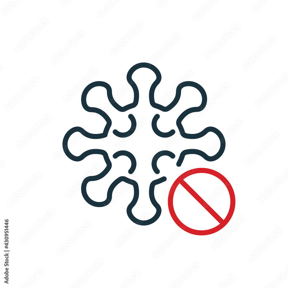 Coronavirus Icon with Red Prohibit Sign. Stop Virus Cell Influenza. Sign caution coronavirus. Virus Bacteria line icon. Covid-19 line pictogram. Editable Stroke. Vector illustration Coronavirus Icon with Red Prohibit Sign. Stop Virus Cell Influenza. Sign caution coronavirus. Virus Bacteria line icon. Covid-19 line pictogram. Editable Stroke. Vector illustration