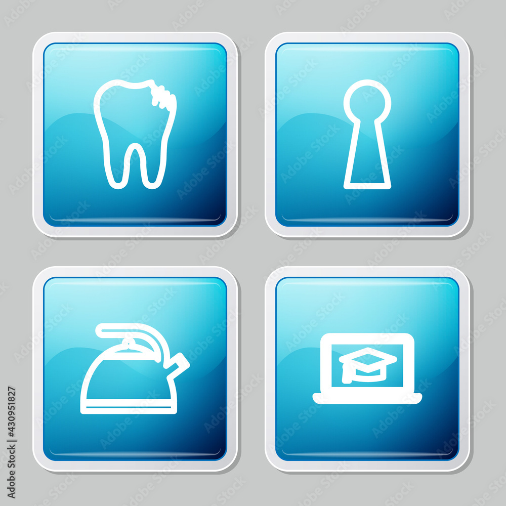 Set line Broken tooth, Keyhole, Kettle with handle and Graduation cap on laptop icon. Vector Set line Broken tooth, Keyhole, Kettle with handle and Graduation cap on laptop icon. Vector