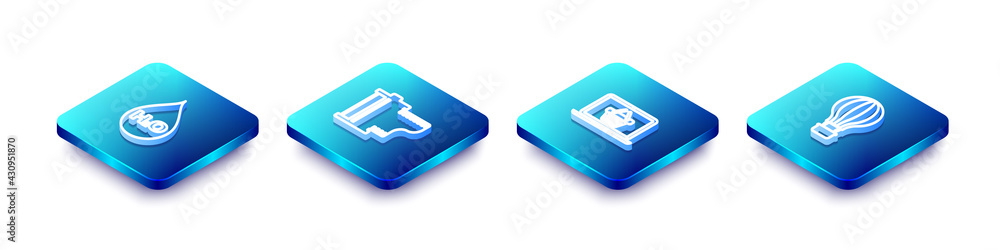 Set Isometric line Water drop with H2O, Camera film roll cartridge, Shopping basket on laptop and Hot air balloon icon. Vector Set Isometric line Water drop with H2O, Camera film roll cartridge, Shopping basket on laptop and Hot air balloon icon. Vector