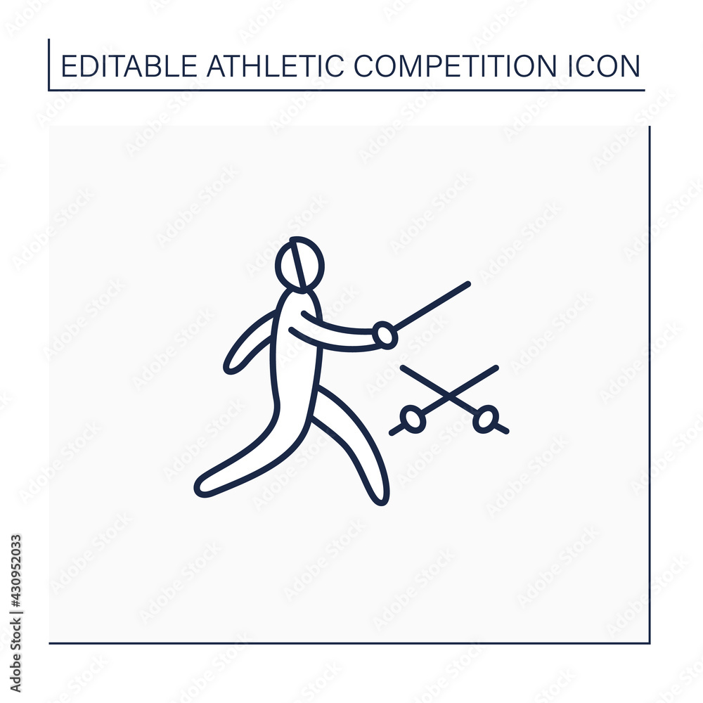 Fencing line icon. Combat, individual sport. Fencer use special equipment. Sword, sabre for attack and defense. Athletic competition concept. Isolated vector illustration. Editable stroke