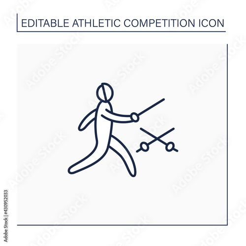 Fencing line icon. Combat, individual sport. Fencer use special equipment. Sword, sabre for attack and defense. Athletic competition concept. Isolated vector illustration. Editable stroke