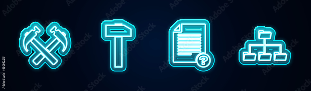 Set line Two crossed hammers, Hammer, Unknown document and Folder tree. Glowing neon icon. Vector Set line Two crossed hammers, Hammer, Unknown document and Folder tree. Glowing neon icon. Vector