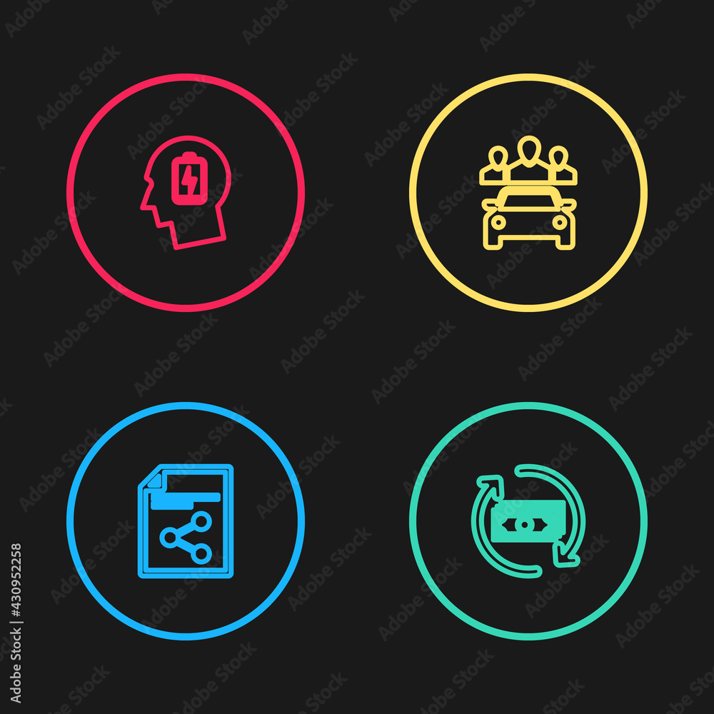Set line Share file, Refund money, Car sharing and Head with low battery icon. Vector Set line Share file, Refund money, Car sharing and Head with low battery icon. Vector