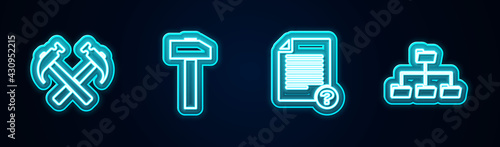 Set line Two crossed hammers, Hammer, Unknown document and Folder tree. Glowing neon icon. Vector