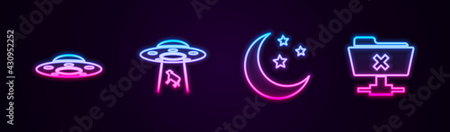 Set line UFO flying spaceship, abducts cow, Moon and stars and FTP cancel operation. Glowing neon icon. Vector