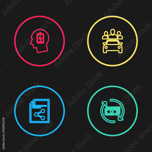 Set line Share file, Refund money, Car sharing and Head with low battery icon. Vector