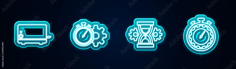 Set line Toaster, Time management setting, Hourglass and . Glowing neon icon. Vector Set line Toaster, Time management setting, Hourglass and . Glowing neon icon. Vector