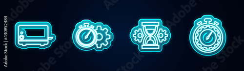 Set line Toaster, Time management setting, Hourglass and . Glowing neon icon. Vector