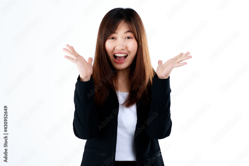 Young and fresh new graduated look Asian businesswoman in suit pose in advertising gesture, bare hands for showing or presenting goods and products. Isolated on white background. Young and fresh new graduated look Asian businesswoman in suit pose in advertising gesture, bare hands for showing or presenting goods and products. Isolated on white background.