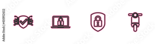 Set line Cyber security, Shield with lock, Laptop and and Scooter icon. Vector