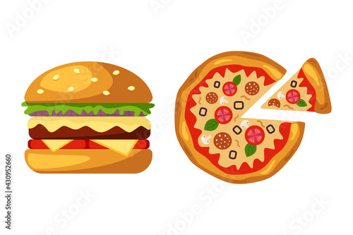 Pizza with slice, with tomatoes, olives, sausage, cheese. Burger icon with cheese, salad, sesame bun. Hamburger, cheeseburger, pizza, fast street food concept. Vector illustration on white background