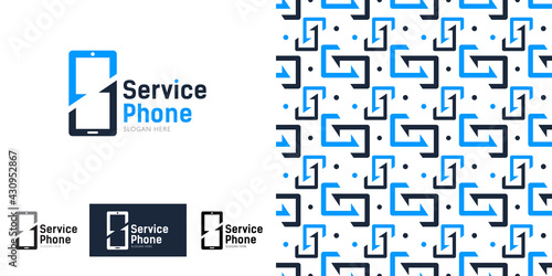 Phone service logo template. The concept of repair, cleaning, replacement of batteries on the phone and other equipment. Seamless background. Vector, illustration