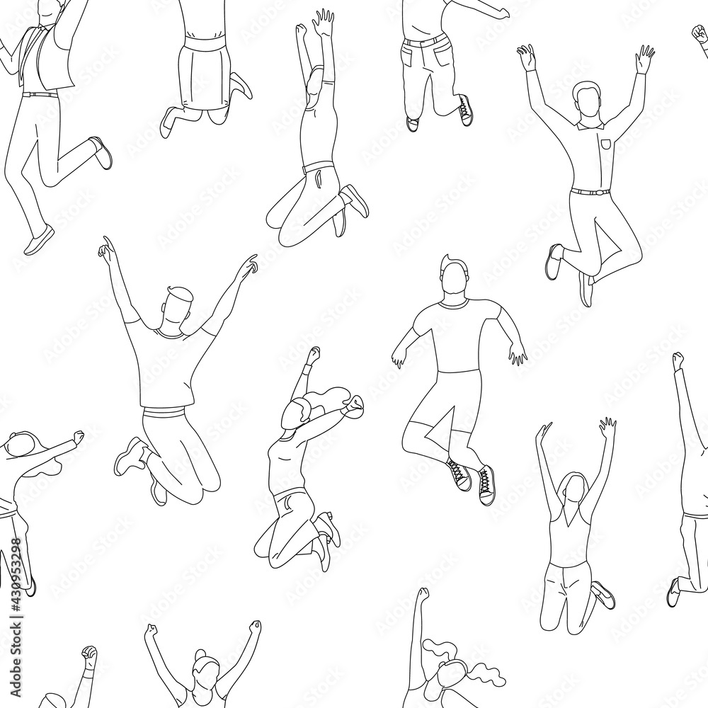 Seamless pattern with line art crowd of young happy people in jumping poses with hands up.