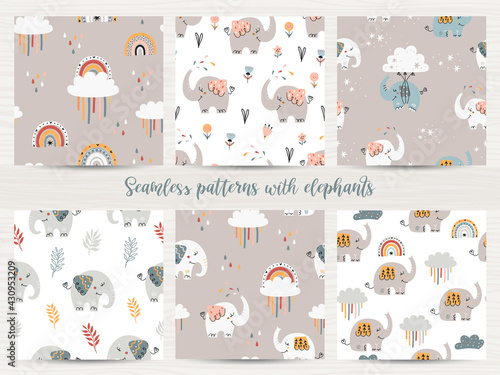 Canvas Print Set of seamless patterns with elephants.