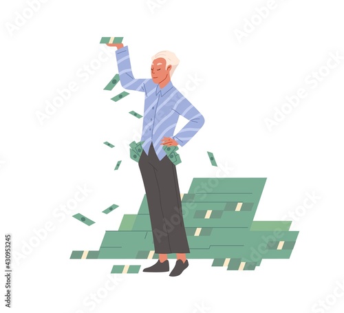 Rich confident businessman holding cash, proud of financial success. Successf...