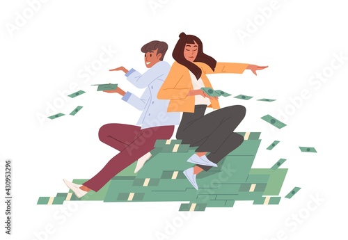 Rich wealthy careless people on bucks heap throwing cash and wasting money. Abundance and prosperity concept. Colored flat vector illustration of carefree millionaires isolated on white background