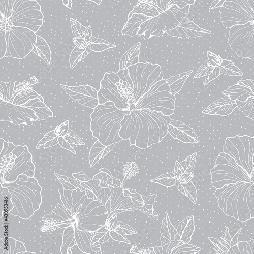 Seamless pattern with line art blue and yellow hibiscus flowers, buds and leaves, with white outline. On gray background. Stock vector illustration.