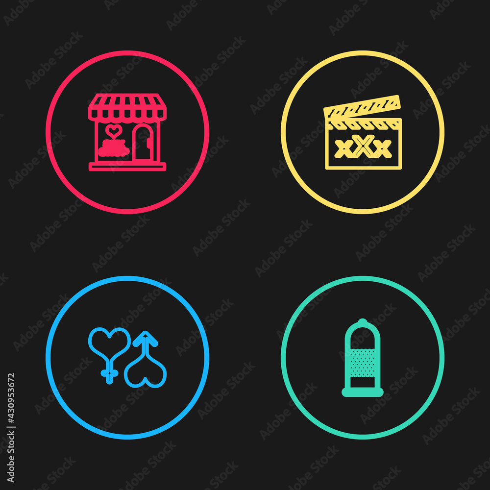 Set line Male and female heart, Condom safe sex, Movie clapper with Sex and shop building icon. Vector Set line Male and female heart, Condom safe sex, Movie clapper with Sex and shop building icon. Vector
