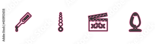 Set line Spanking paddle, Movie clapper with Sex, Anal beads and plug icon. Vector
