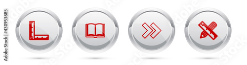 Set line Folding ruler, Open book, Arrow and Crossed and pencil. Silver circle button. Vector