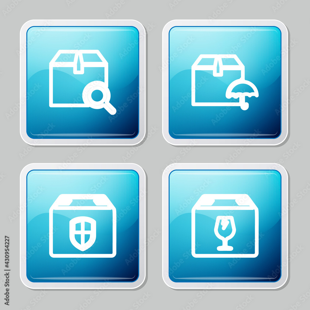 Set line Search package, Delivery with umbrella, box security shield and fragile content icon. Vector Set line Search package, Delivery with umbrella, box security shield and fragile content icon. Vector