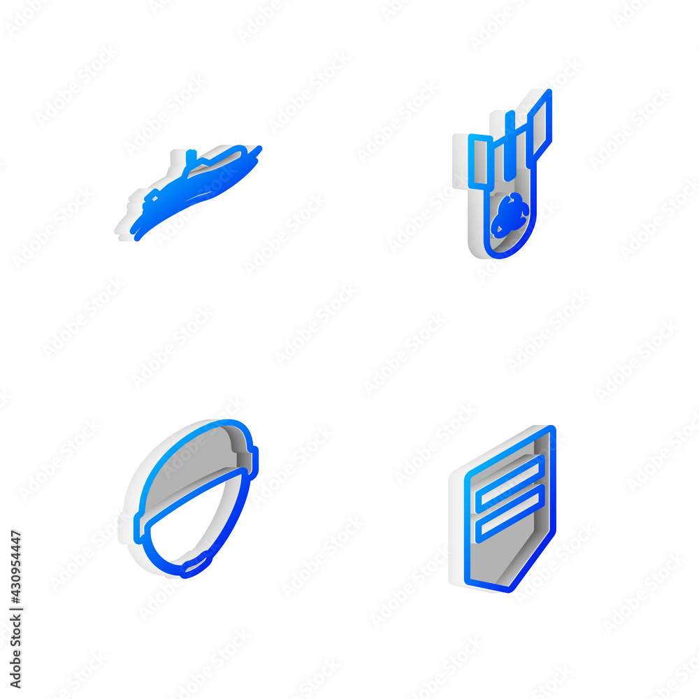 Set Isometric line Biohazard bomb, Submarine, Military helmet and Chevron icon. Vector Set Isometric line Biohazard bomb, Submarine, Military helmet and Chevron icon. Vector