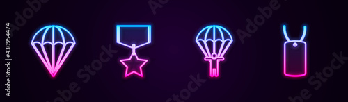 Set line Parachute, Military reward medal, and dog tag. Glowing neon icon. Vector