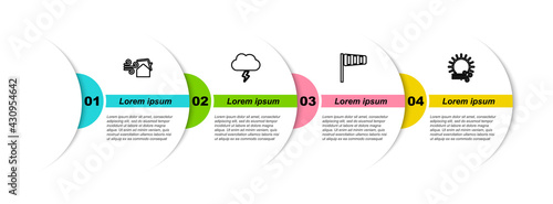 Set line Tornado swirl, Storm, Cone windsock wind vane and Wind and sun. Business infographic template. Vector