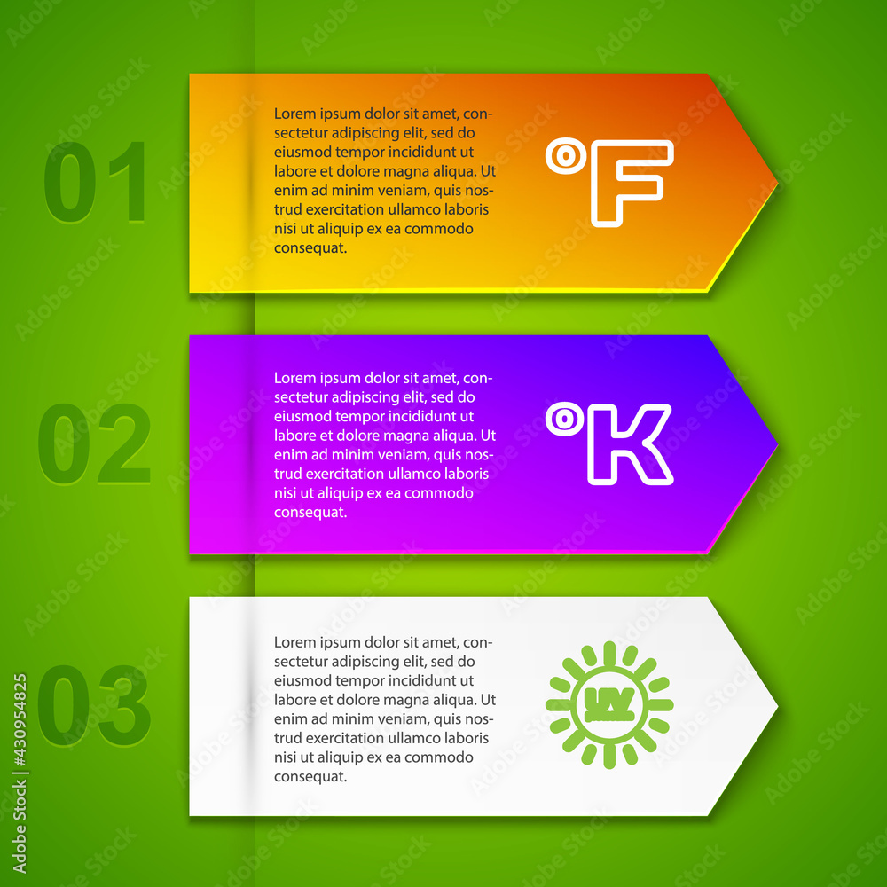 Set line Fahrenheit, Kelvin, UV protection and . Business infographic template. Vector Set line Fahrenheit, Kelvin, UV protection and . Business infographic template. Vector