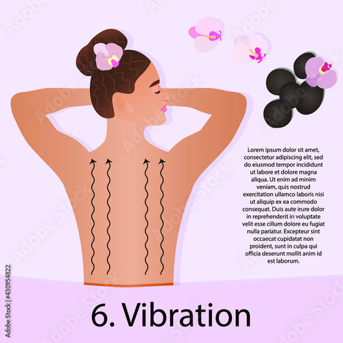 Back massage. Receive vibration. Template with empty place for text or design. Girl's back, top view. SPA procedures for women.