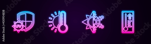 Set line UV protection, Thermometer with sun, Sun and snowflake and Meteorology thermometer. Glowing neon icon. Vector