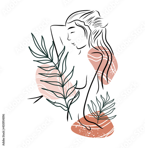 Vector silhouette of a woman. Minimalism stones with texture and plants