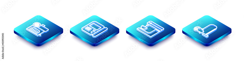 Set Isometric line Air compressor, House intercom system, Electric mixer and Vacuum cleaner icon. Vector