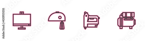 Set line Computer monitor, Electric construction stapler, mixer and Air compressor icon. Vector