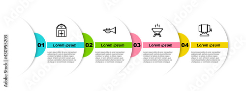 Set line Farm House, Musical instrument trumpet, Barbecue grill and Wooden barrel on rack. Business infographic template. Vector