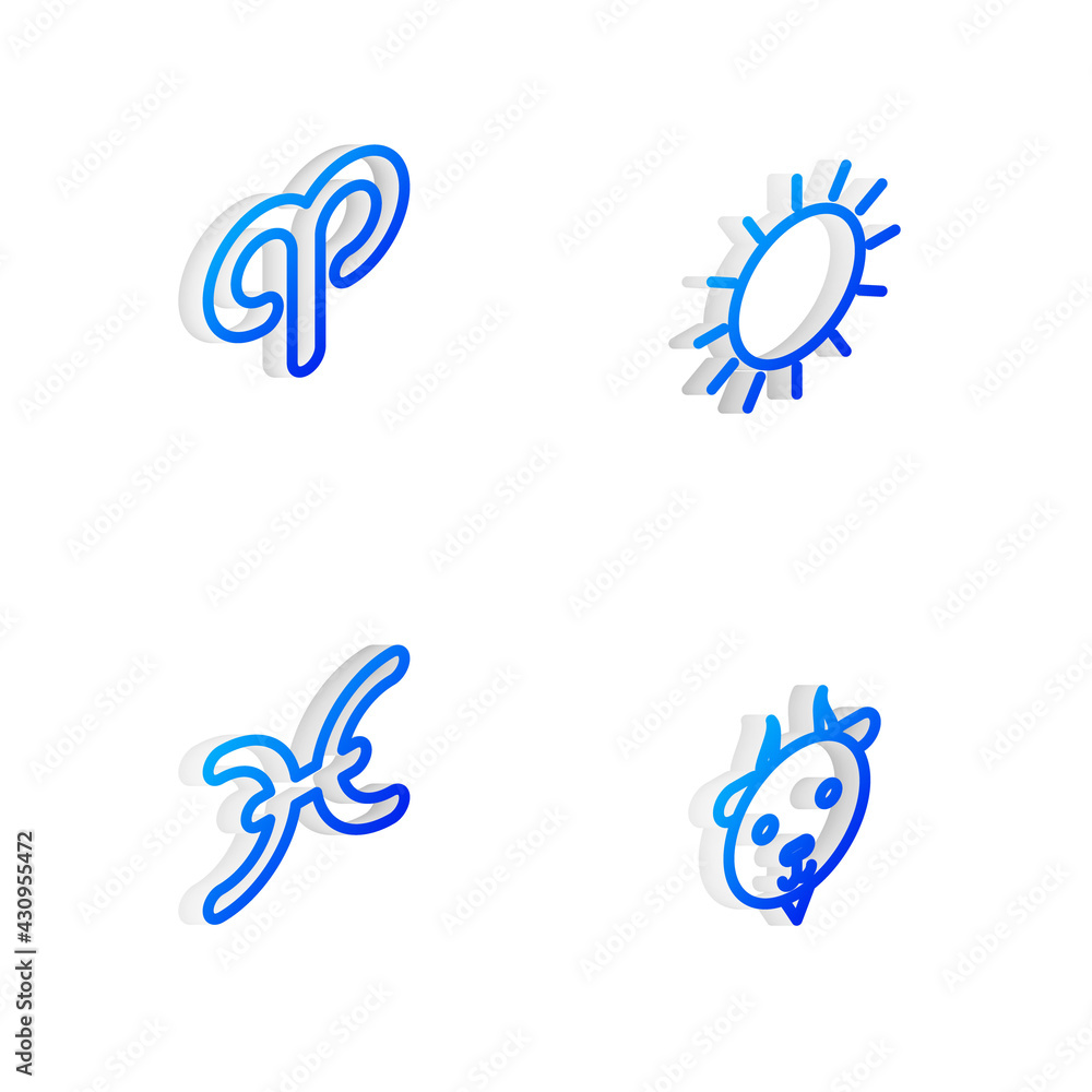 Set Isometric line Sun, Aries zodiac, Pisces and icon. Vector