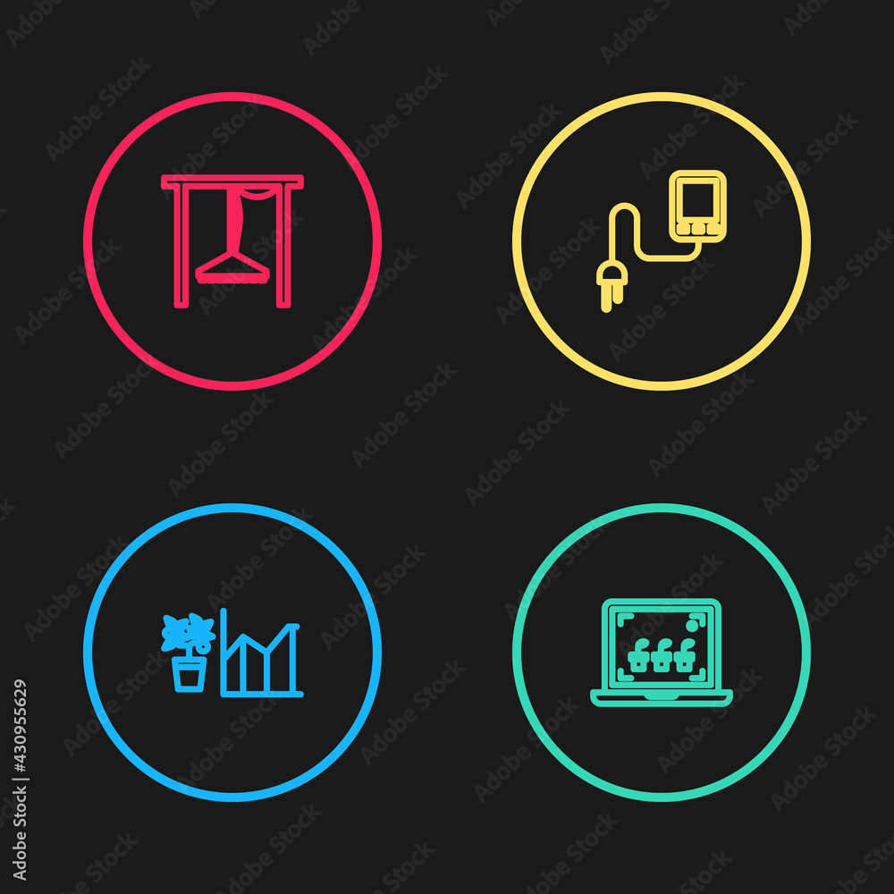 Set line Flower statistics, Smart farming technology, Sensor and Automatic irrigation sprinklers icon. Vector Set line Flower statistics, Smart farming technology, Sensor and Automatic irrigation sprinklers icon. Vector