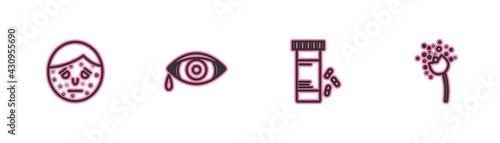 Set line Face with psoriasis or eczema, Medicine bottle and pills, Reddish eye allergic conjunctivitis and Flower producing pollen icon. Vector