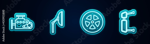 Set line Car engine, Windscreen wiper, wheel and Truck side mirror. Glowing neon icon. Vector